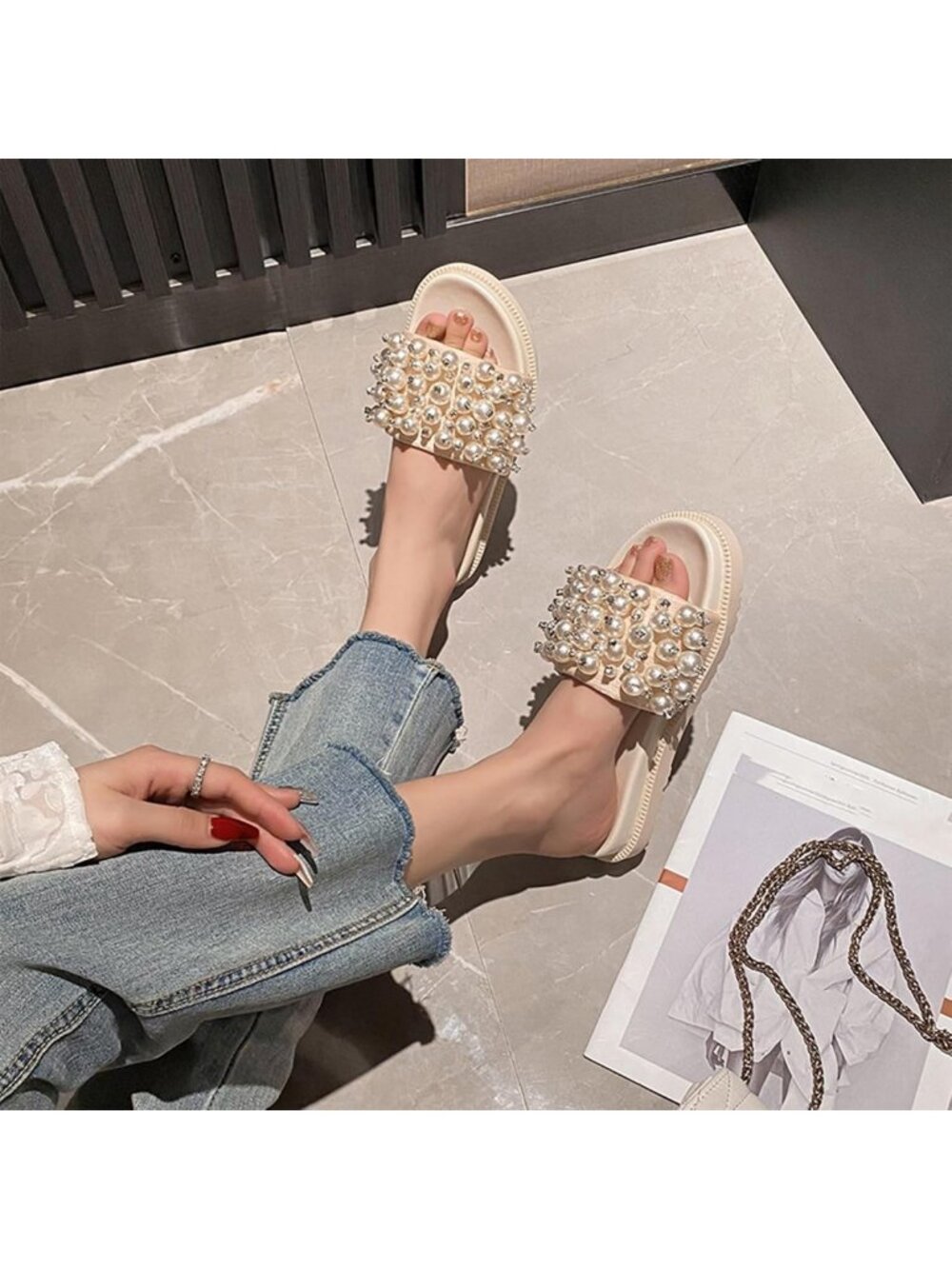 Stylish Pearl Rhinestone Platform Slide Sandals - Open Toe, Cushioned Footbed - Picture 3 of 6